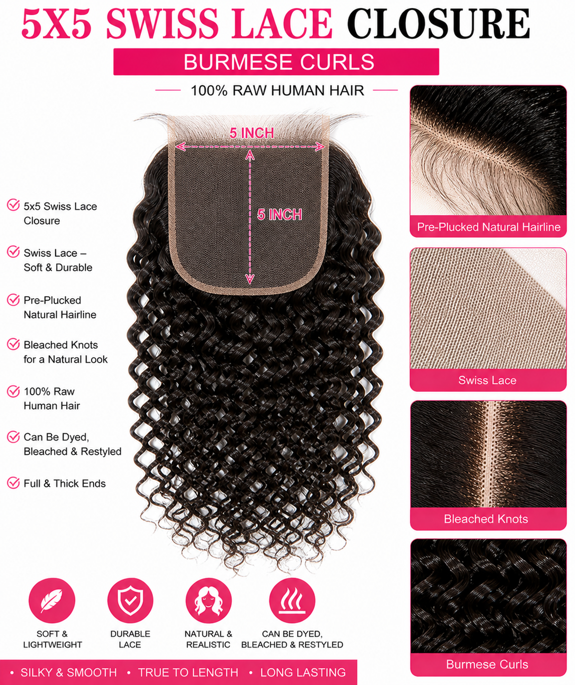 5x5 SWISS LACE CLOSURES CURLS